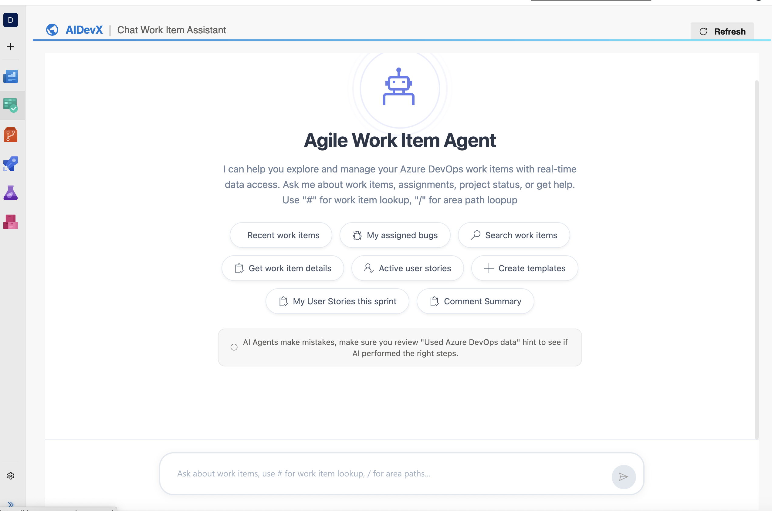 AI chat interface showing natural language queries for Azure DevOps work items