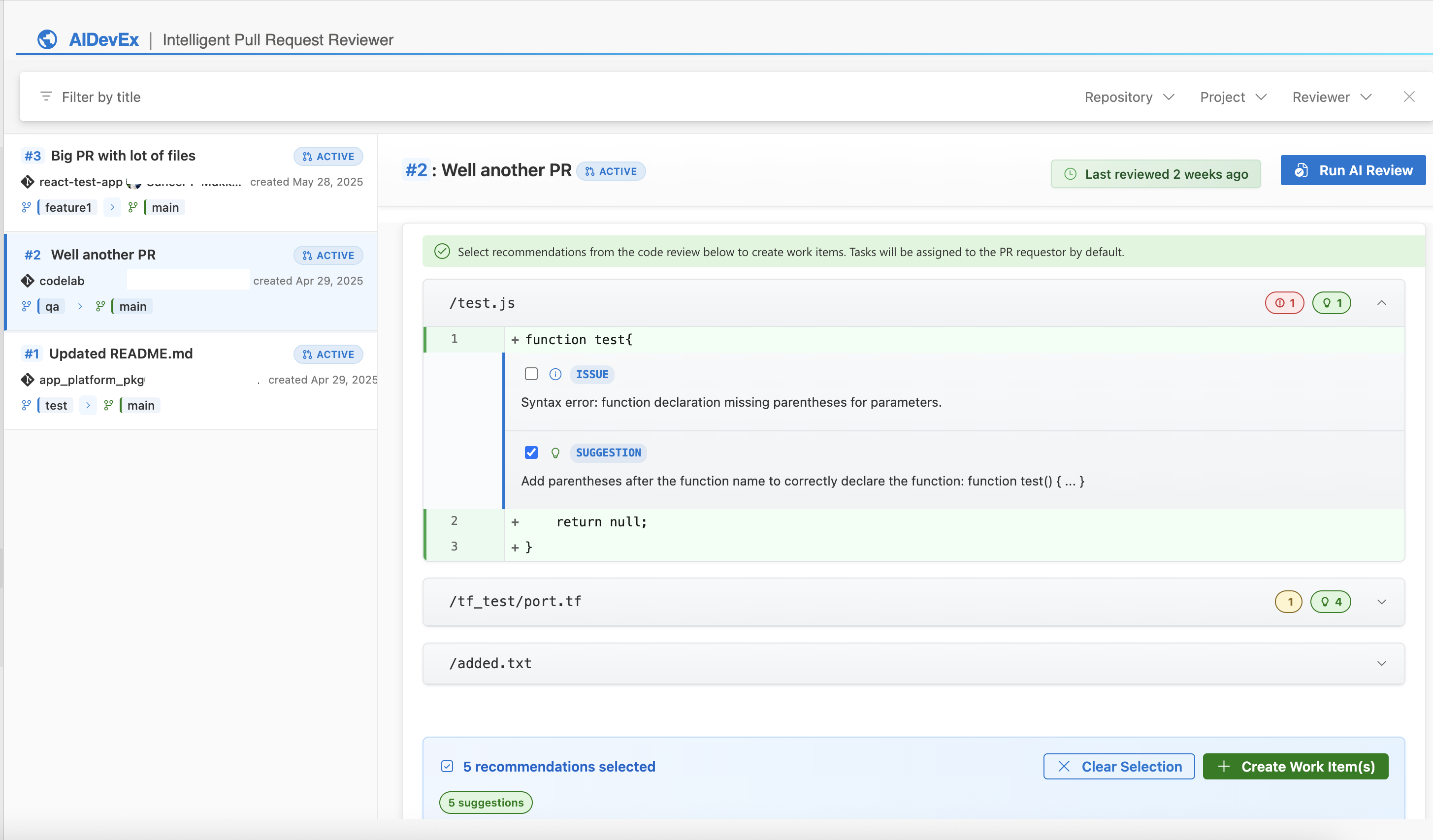 AI-powered pull request review interface showing security analysis and code suggestions