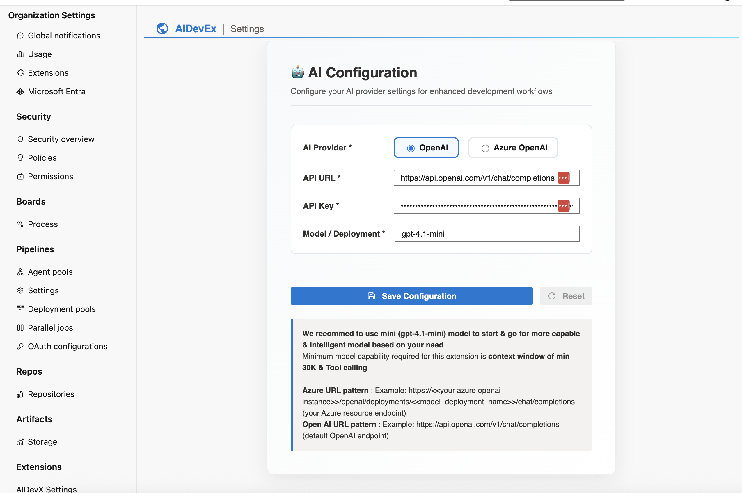 AIDevEx settings interface showing LLM configuration options
